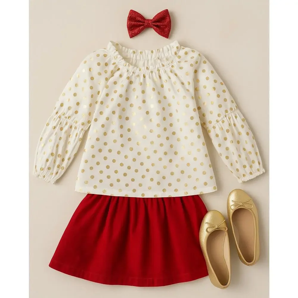 Crewcuts Elaine Bubble Sleeve Blouse with Shiny Gold Polka Dots | Girls Size 10